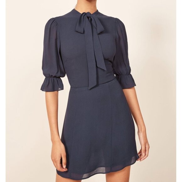 Reformation Dresses & Skirts - Reformation Cassie Navy Blue Neck Tie Mini Dress US 4